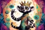 Placeholder: surreal, vibrant digital artwork featuring king Julien the lemur dancing with his tail held up high, with intricate abstract patterns and motifs swirling around them. striking facial features, wearing a crown made of skulls. dancing to "you gota to move it" in Disney style Madagascar