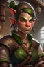 Placeholder: Dungeons and dragons orc tomboy. She has green skin and pointy ears. She is kind. She is handsome. She has nice eyes. She has short hair. She is strong. She is in a tavern. She has broad shoulders. She has a large jaw. She has small tusks. Realistic style