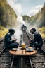 Placeholder: 2 people are sitting on a train track, having tea at a round table; they have wet suits on with flippers and dive goggles; a steaming train is coming right towards them