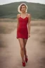 Placeholder: high resolution, very detailed, a portrait of a gorgeous young fit blonde woman stands in a glamorous model pose. short hair with sides shaved, hazel eyes, subtle freckle. she's wearing a one-piece red cloth tube dress. Her hands rest gently on her hips. She wears red high heels with straps across her ankles. She stands in the middle of a deserted country road that vanishes into the distant horizon