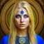 Placeholder: Blue eyed traditional blonde pagan woman art with with runes and nature