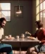 Placeholder: Realistic scene, man and woman sitting in cafeteria and having breakfast levitating, Wes Anderson, soft color, highly detailed, unreal engine 5, ray tracing, RTX, lumen lighting, ultra detail, volumetric lighting, 3d, finely drawn, high definition, high resolution.