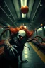 Placeholder: Horror Movie scene of a Clown centipede monster in the subway station, scary