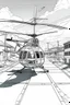 Placeholder: Outline art, no shading, helicopter on the road, cartoon style, black and white, low detail, --ar 9:11