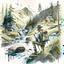 Placeholder: Illustrate a scene of an artist exploring the wonders of Norwegian nature, sketching, plain air amidst forests, waterfalls, and meadows, artistic style