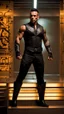 Placeholder: Jason David Frank as a Very muscular alpha male with short hair and tribal tattoos wearing a black designer suit , standing in a doorway