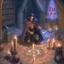 Placeholder: A warlock in his vaulted dungeon, a Pentagram and candles on the floor