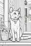 Placeholder: coloring page, cat on the porch, cartoon style, thick lines, low detail, no shading