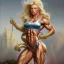 Placeholder: blonde female bodybuilder, castle fortress by thomas kinkade gerald brom whelan