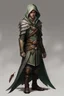 Placeholder: male high elf ranger wearing a leather jerkin and a gray and green hooded cloak, with a mantle of brown owl feathers, full body