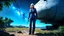 Placeholder: A photorealistic image of an adventurous, slender, older woman from the future, dressed in a tailored, full-body spacesuit, stands proudly beside her huge cargo spaceship. Her uncombed, blond hair has bangs. Standing in a jungle clearing. The scene is framed by a cosmic expanse of stars and nebulas.