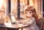 Placeholder: cute chibi light brown haired girl sitting in a dessert shop, working on a laptop, satin curtains, blur 5% in the sunshine, watercolor and black ink outlines, sparkling golden glitter, ethereal, cinematic postprocessing, bokeh, dof