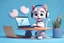 Placeholder: funny cute cat in headphones sitting at the desk in front of laptop with paws on keyboard disney style 3d light blue background