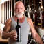 Placeholder: burly ugly 58 year old man bald with short beard and tank top manly chest chooses a bottle of wine in a cellar full of wine bottles dramatic light angry eyes highly detailed