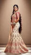 Placeholder: A stunningly elegant Indian bride, with a tall, slim, and athletic figure, adorned in intricate bridal makeup, complete with extremely long hair cascading down her back. She stands in a dynamic pose, showcasing a designer bridal lehenga. This captivating portrait captures the bride's radiant beauty and grace, highlighting every exquisite detail in high quality.