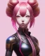 Placeholder: Detailed cute anime Kunoichi girl, pink hair buns, pink bangs, black latex bodysuit, intricate details, full body portrait, keep head in frame, slight smile, black Japanese motif, concept art, highly detailed, digital painting, concept art, sharp focus, illustration, art by Yoji Shinkawa, WLOP and greg rutkowski and alphonse mucha and artgerm and yanjun Chen and Junji ito and Makoto Shinkai, HDR, octane render