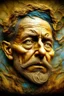 Placeholder: surrealis monochrome A fragmented, surreal sculpture liguid color of photorealistic image 3d,psychedelic art of an old man face glossy emerging from dreamlike a crumbling building. The face appears pale with deep cracks and intricate details, evoking a haunting expression. Blackened tree branches intertwine with the gold mengkilat cracks, set against a backdrop of stormy, cloud-filled skies. bauhaus art The overall tone is dark and moody, suggesting themes of decay and transformation. Include