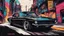 Placeholder: Black Mustang cruising through an ink-punk styled city, vintage stamp aesthetic, LLart illustration resembling a dynamic comic book panel, vibrant colors, sketched with tiny, intricate details, masterpiece aligning with ArtStation trends, sharp focus, bold high quality, vector style suitable for a t-shirt design, ultra-detailed, high resolution, 4k artwork by Luiza Lima, dramatic lighting, octane rendering.