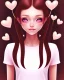 Placeholder: girl, happy, closed mouth smile, surrounded by hearts, brown hair, long hair, brown eyes, close up portrait, pink top