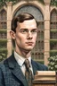 Placeholder: A detailed, realistic portrait showcasing a young Alan Turing engrossed in the elegant beauty of mathematics, surrounded by antique books and intricate mathematical diagrams, set against the backdrop of a grand, ivy-covered building representing the University of Cambridge.