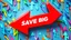 Placeholder: 3d red arrow pointing left, background where colorful arrows racing past lice nascar. "SAVE BIG" written in front arrow