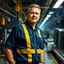 Placeholder: a man on the factory floor with dark blue shirt and yellow stripes who is the real leader in the factory, everybody fears him