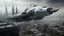 Placeholder: a photorealistic sleek silver spaceship flying over a ruined city