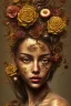 Placeholder: an abstract painting of rusted metal and flowers and mushroom,beautiful blonde girl portrait, rust, scaffolding, iron cladding, decay, mixed media, textured, anatomically correct, beautiful perfect face, sharp focus, highly detailed