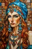 Placeholder: Painted portrait of woman in turban, long hair and loads of jewellery painted by brush in style of Gaudis mosaic