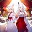 Placeholder: Clear focus, 8k, beautiful lighting, vibrant colors, fox girl, white hair, long hair, golden eyes, miko, tail, smile,