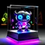 Placeholder: cute chibi robot monster in a glass display case with a rainbow aura glow and pulsating hypnotic eyes, facing the view directly.