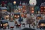 Placeholder: knitted city, trees, animals, peope, shops at night in moonlight