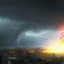 Placeholder: Close up, Rooftop view, Enourmous Paladin projecting a hologram shield, encroaching storm, ominous color palette, 2k resolution, high-quality, detailed matte, volumetric lighting, illustration, Dave Greco