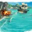 Placeholder: Two pirate ships fight each other at sea. Firing cannons.