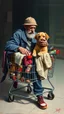 Placeholder: Bosh painting style nightmare, A homeless with supermarket cart has all his clothes and beer cans and dog in it and sitting looking in his phone
