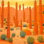 Placeholder: A light rosy orange colored arid stretch of land with electrical cacti designed in Indian Gond art painted by Georges Seurat