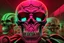 Placeholder: a field of 1000s of cartoonish, anatomically correct, skulls, vivid RANDOM BRIGHT neon colors, dark comedy, well lit, high detail, photorealistic, horrorcore, fun, scary, none featured, each a different color or hue,