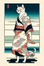 Placeholder: ukiyo-e style print of a cat with a human body wearing a soft yukata and walking by the sea