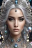 Placeholder: Length image of photography realistic portrait of young woman, beautiful, shiny hard eyes, make up, Fantasy style, shiny baubles, ornate, large gemstones, shiny molten metalics, shiny wire filigree, silver hair, high definition, high res, octane render