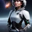 Placeholder: portrait of female soldier with great figure holding helmet in arms, by a starship window with a view to the milky way