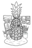 Placeholder: Pineapple Cozy Art Studio Coloring Page: A pineapple cross-section displaying an art studio. Features an easel, paint palettes, brushes, and artworks hung on the walls.