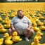 Placeholder: A fat, furry man is sitting in a field of yellow plastic ducks, eating an ice cream cone.