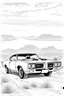 Placeholder: outline art for an adults coloring page, Pontiac GTO on a Desert Highway , white background, sketch style,no color , only use outline, clean art , white background, no shadows , no shades , clear well outlined, easy to color