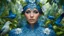 Placeholder: fashion photography portrait of blue human avatar, in blue lush jungle with flowers and birds, 3d render, cgi, symetrical, octane render, 35mm, bokeh, 9:16, (intricate details:1.12), hdr, (intricate details, hyperdetailed:1.15), (natural skin texture, hyperrealism, soft light, sharp:1.2)