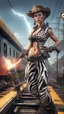 Placeholder: portrait of a zebra yoga instructor and flashy magazine cover illustration, fallout 4 docks setting, horror weird cowboy wizard cyberpunk weasel in female garments on top of train ,holding dynamite, getting hit by lightening electric arc, with big disturbed eyes,bokeh like f/0.8, tilt-shift lens 8k, high detail, smooth render, down-light, unreal engine, prize winning