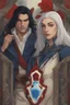 Placeholder: A couple, from the dnd game curse of Strahd. The woman has long white hair and blue eyes, the man has LONG BLACK hair and red eyes, no facial hair. He is standing protectively behind her.