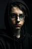 Placeholder: Foto Halbtotale: androgyner schmächtiger Teenager mit schwarzer Hornbrille und wirr abstehendem schwarzen Kurzhaar, buschige Augenbrauen, bohrender Blick aus dunklen Augen, schwarzes Hoodie