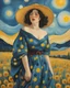 Placeholder: Beautiful woman in polka dot dress, big dots, in the style of Vincent Van Gogh