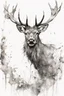 Placeholder: black and white sketch of a stag, ink drawing, woodland, white background, drawing by Carne Griffiths