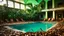 Placeholder: Empty swimming pool in an abandoned hotel, dry leaves piled up at the bottom, rusty sun loungers, neoclassical columns covered in moss, wild palm trees growing between the broken tiles, sky visible through the cracked glass roof, green and gold tones, dramatic lighting